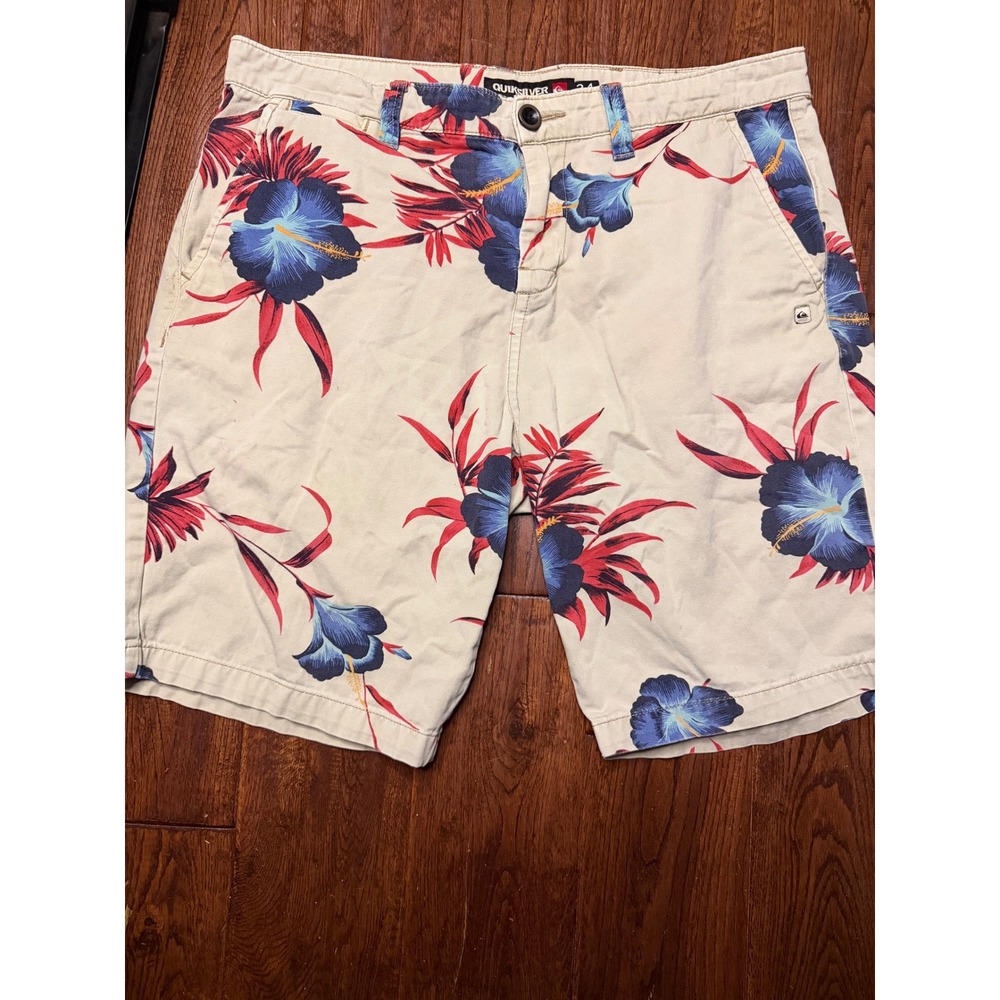 Quiksilver Mens Floral Hibiscus Chino Shorts Tan Blue Red Size 34 Tropical